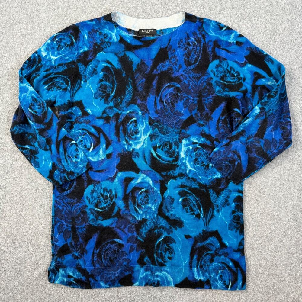 Talbots Blue and Black Rose-Print Crewneck Sweater